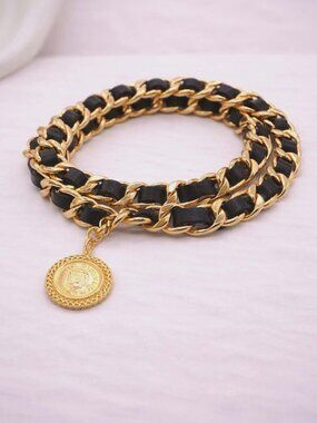 Authentic Chanel CC Chain Belt Black Leather Gold Medallion Vintage